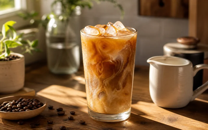 Glass of homemade iced coffee with ice cubes on a sunny kitchen counter