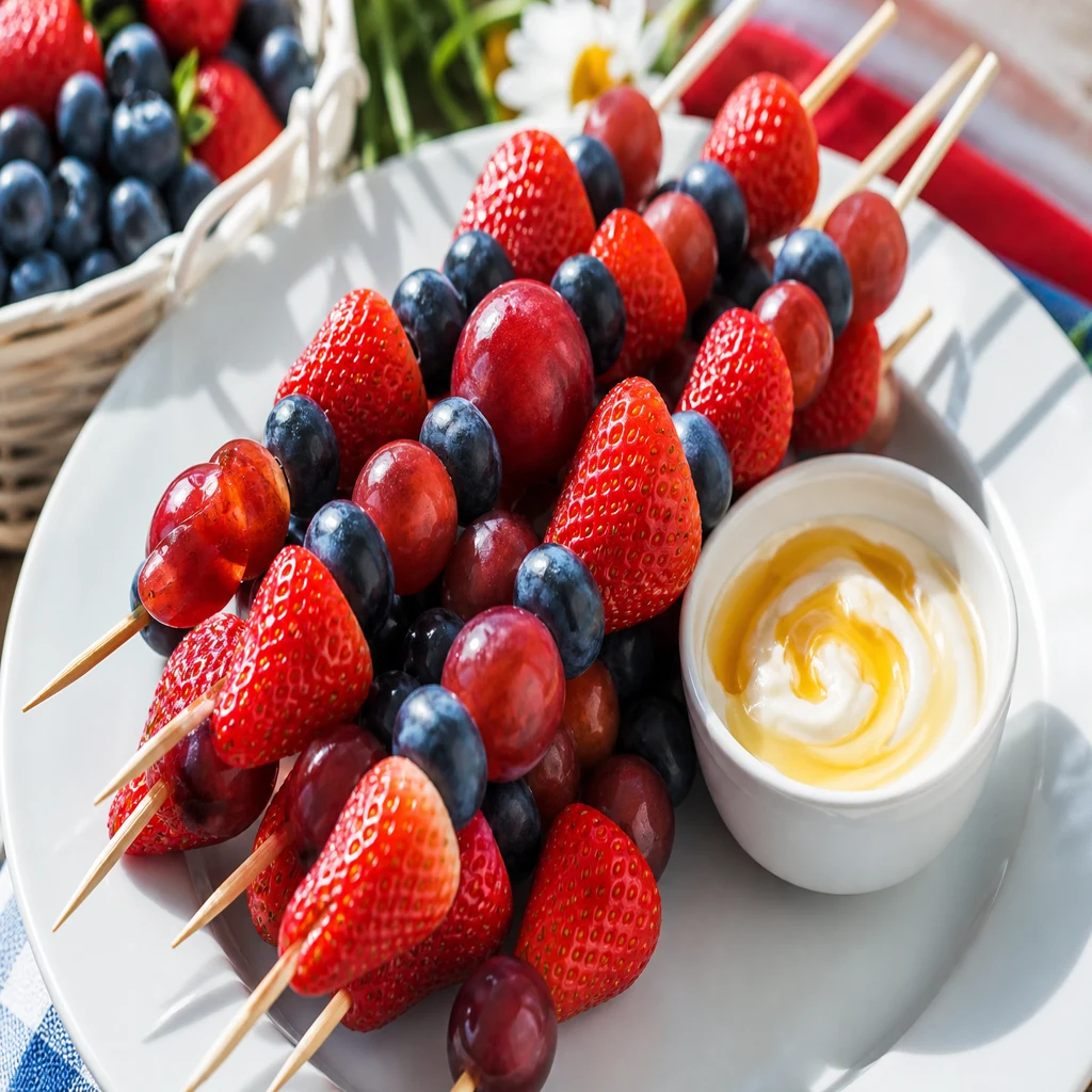 Fresh berry fruit skewers with honey yogurt dip for picnic dessert