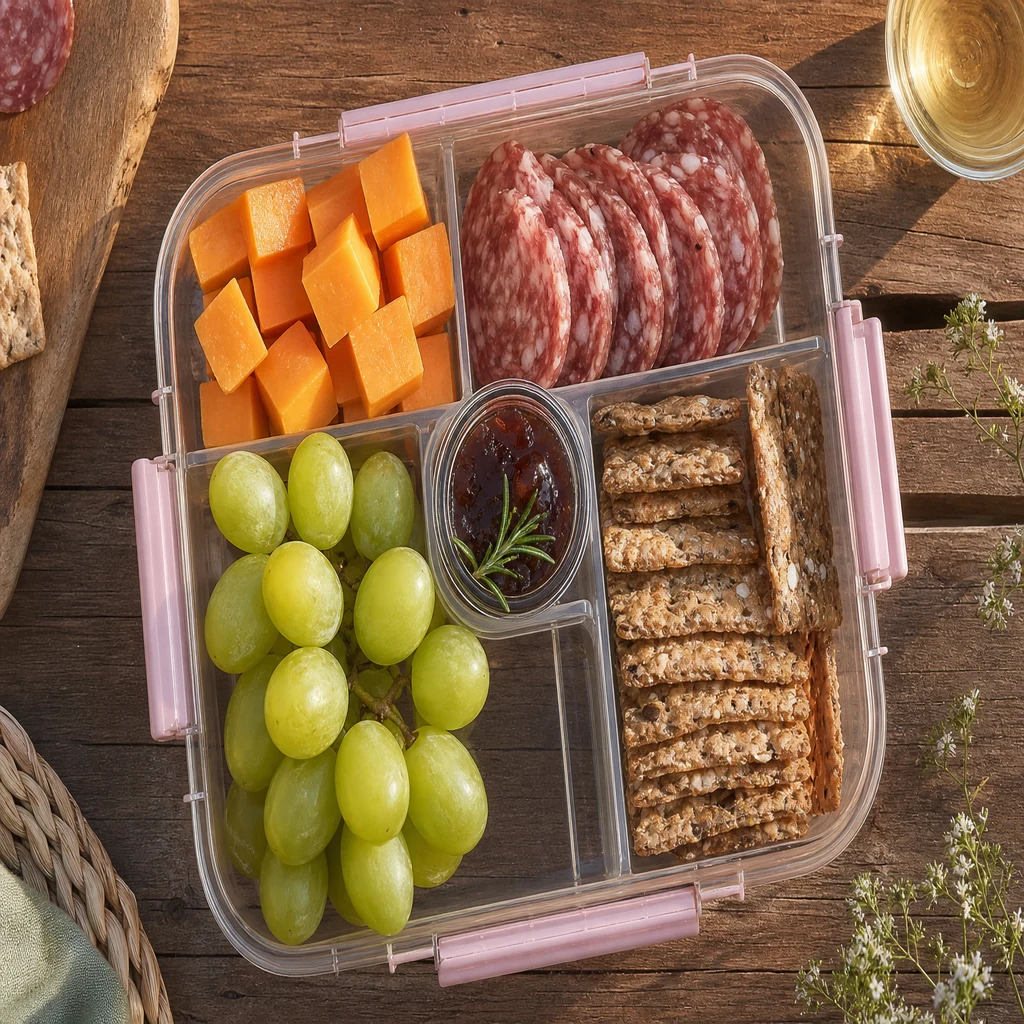 Portable cheese and crackers snack box for outdoor picnic gatherings