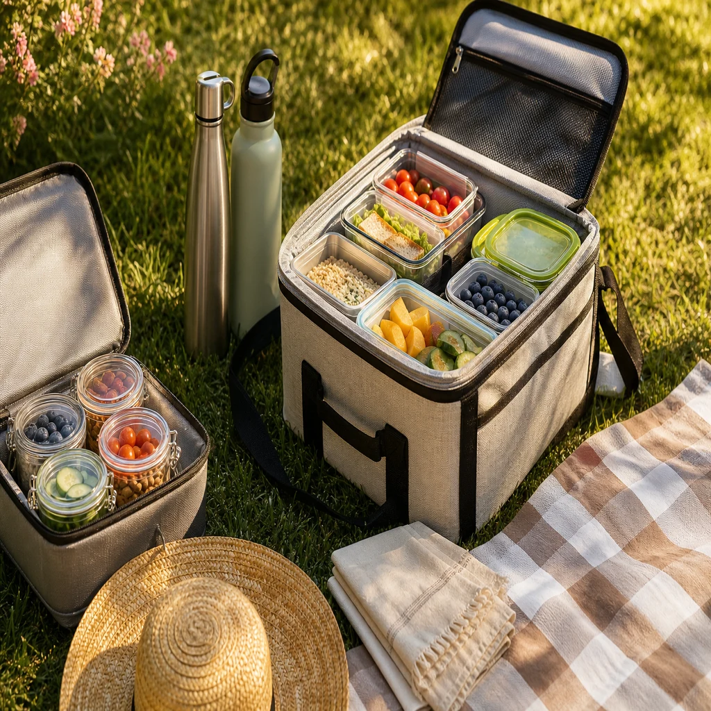 Organized picnic cooler bag and meal prep containers for outdoor dining