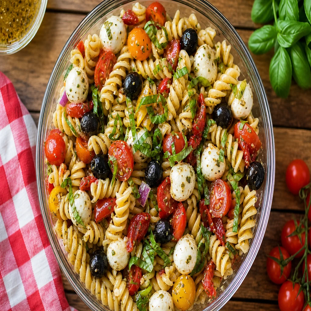 Colorful Italian pasta salad with tomatoes mozzarella and basil for picnics