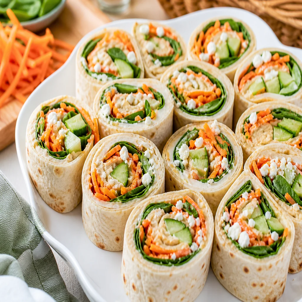Crunchy veggie and hummus wrap pinwheels for summer picnic lunches