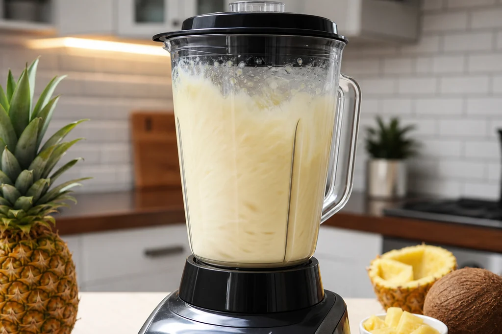 Blender mixing creamy piña colada smoothie to thick tropical texture