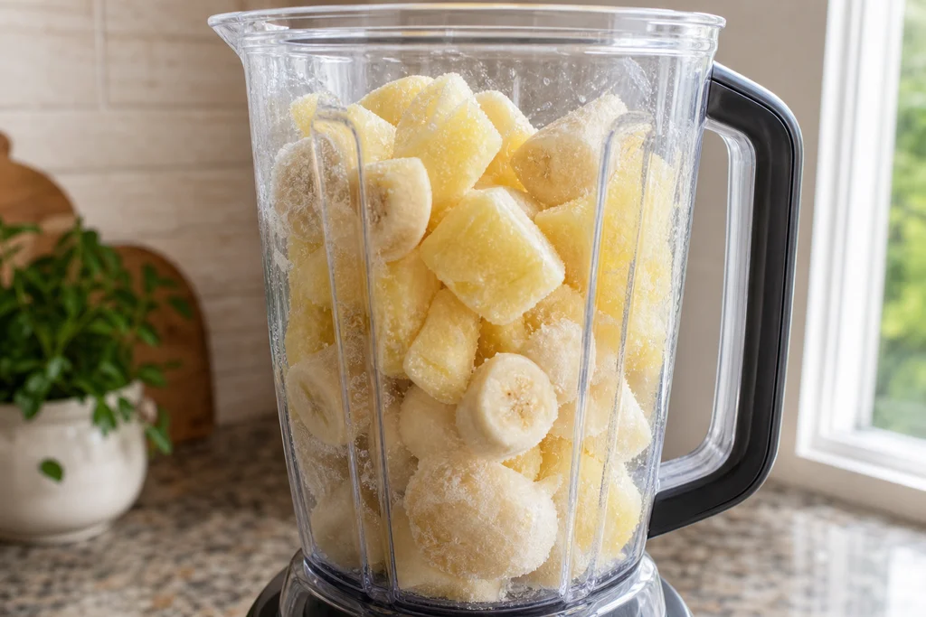 Frozen pineapple and banana in blender pitcher ready for piña colada smoothie