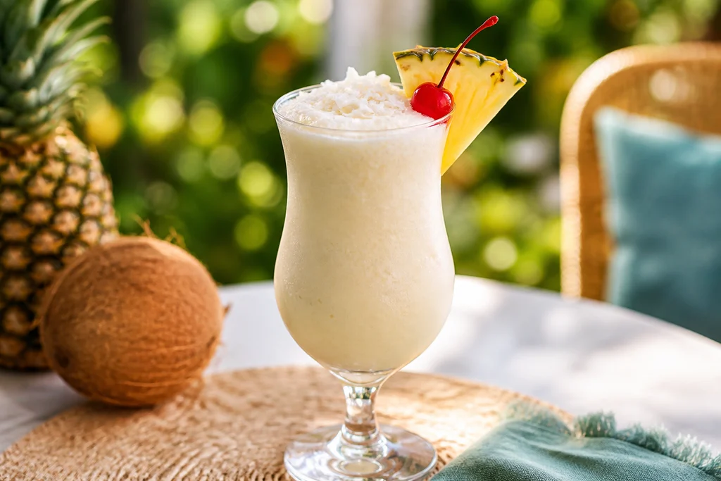 Piña colada smoothie garnished with pineapple wedge and cherry on the rim