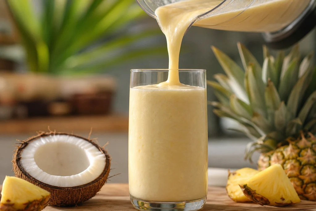 Pouring thick piña colada smoothie from blender into a tall glass