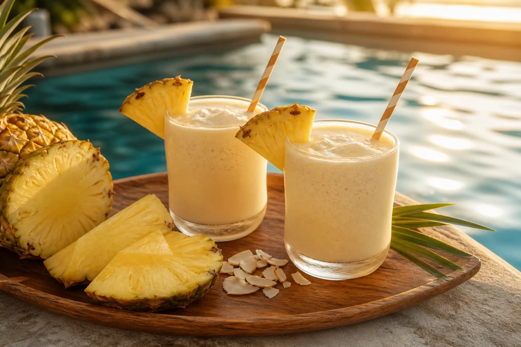 Two piña colada smoothies served on a tray with pineapple slices for summer