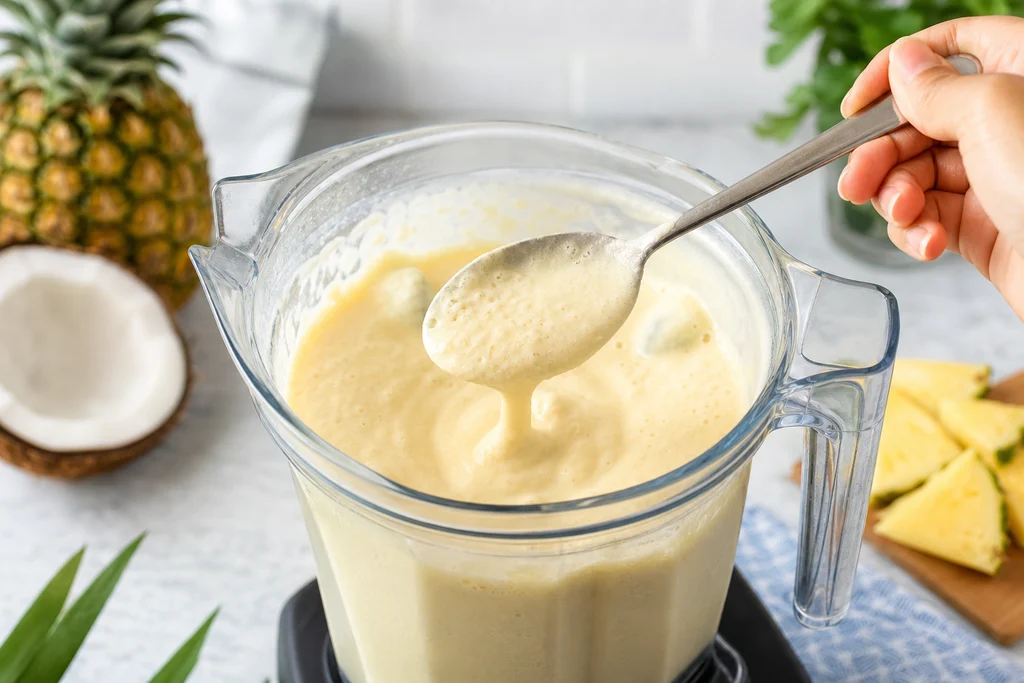 Checking piña colada smoothie thickness in blender before pouring into glasses
