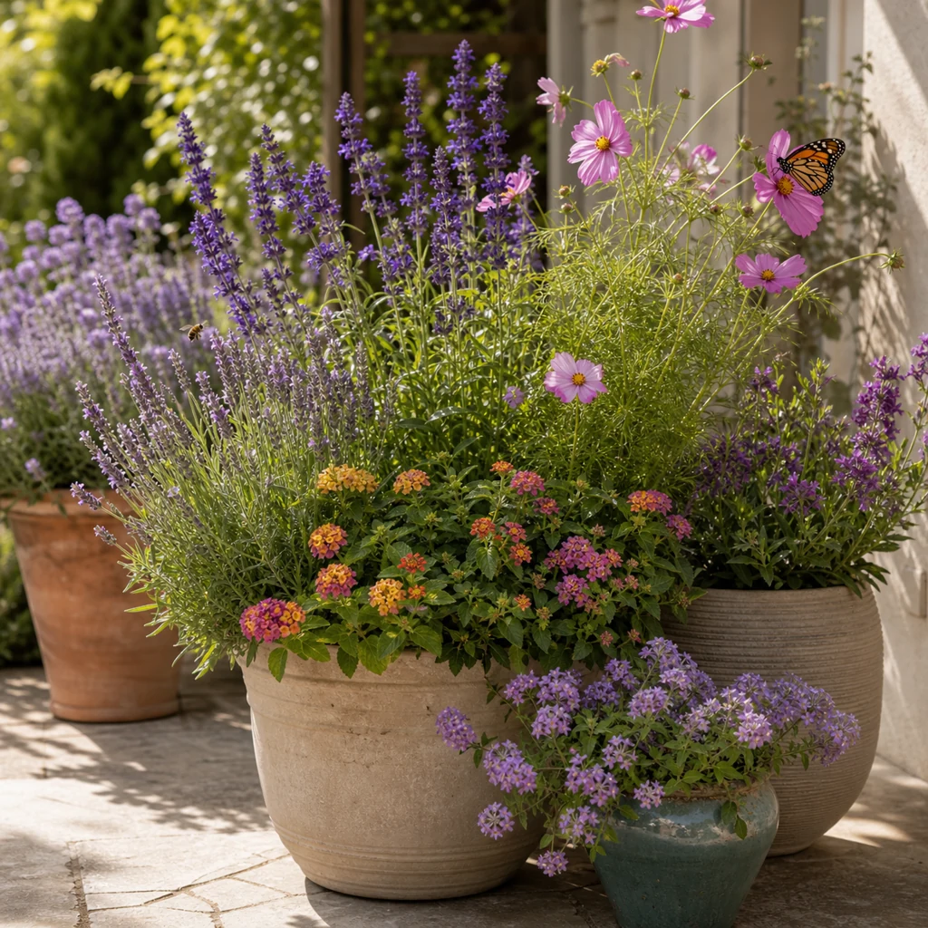 Pollinator friendly container garden with lavender salvia and flowers