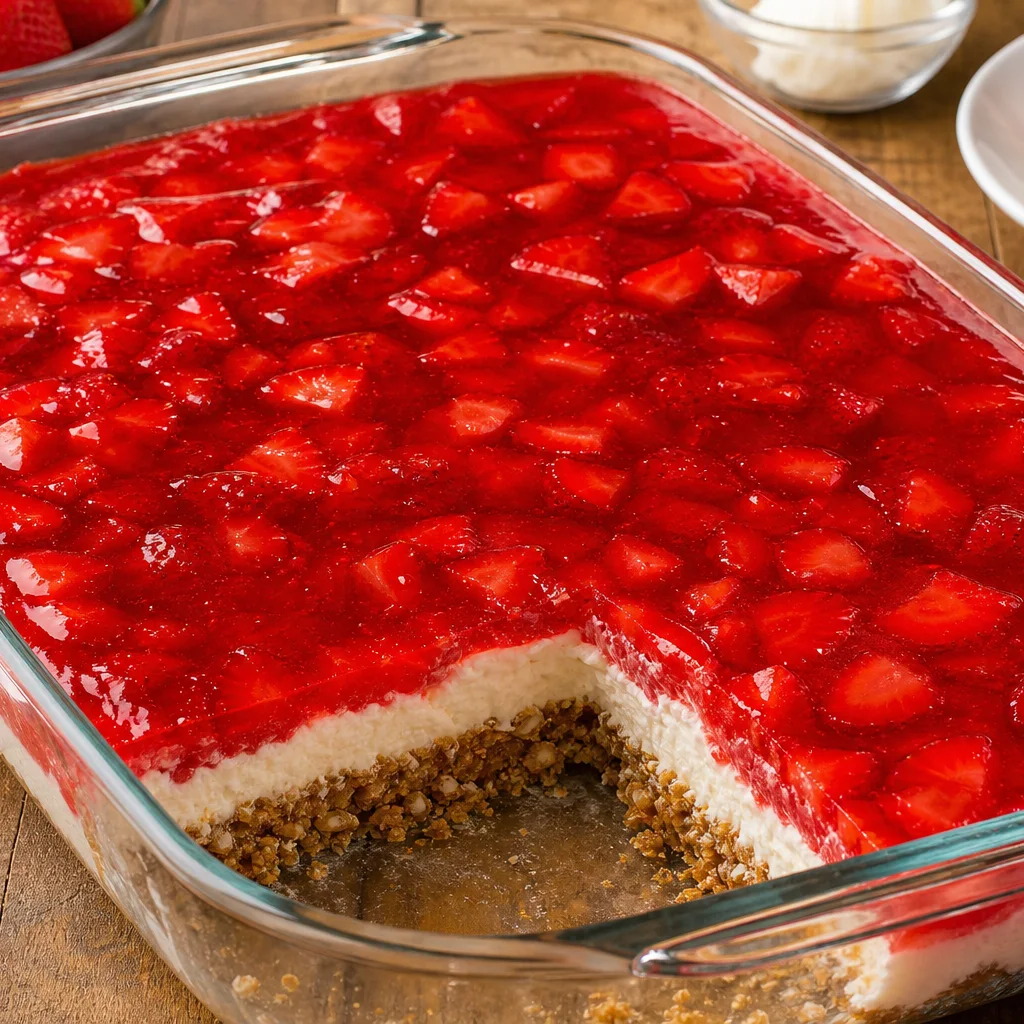 Layered pretzel jello salad in a glass baking dish with pretzel crust cream cheese and strawberry jello layers