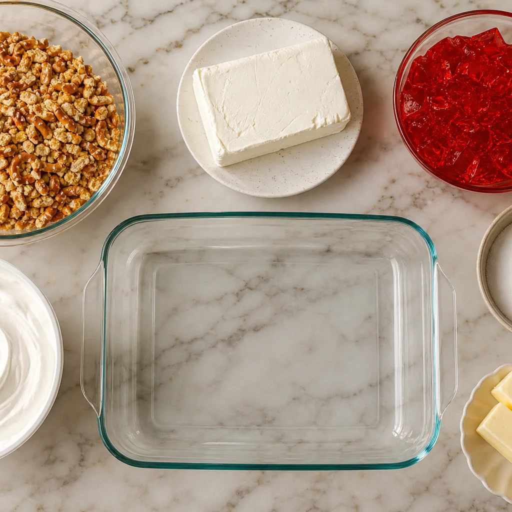 Pretzel jello salad ingredients including crushed pretzels cream cheese strawberry jello butter sugar and whipped topping