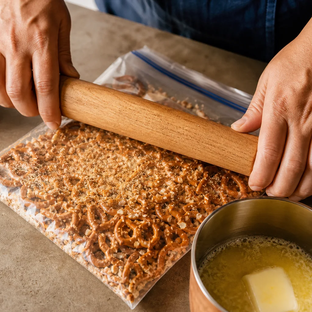 Crushing golden pretzels and mixing with melted butter for pretzel jello salad crust