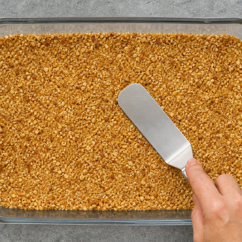 Pressing buttery pretzel crumb crust into a glass 9x13 baking dish for pretzel jello salad