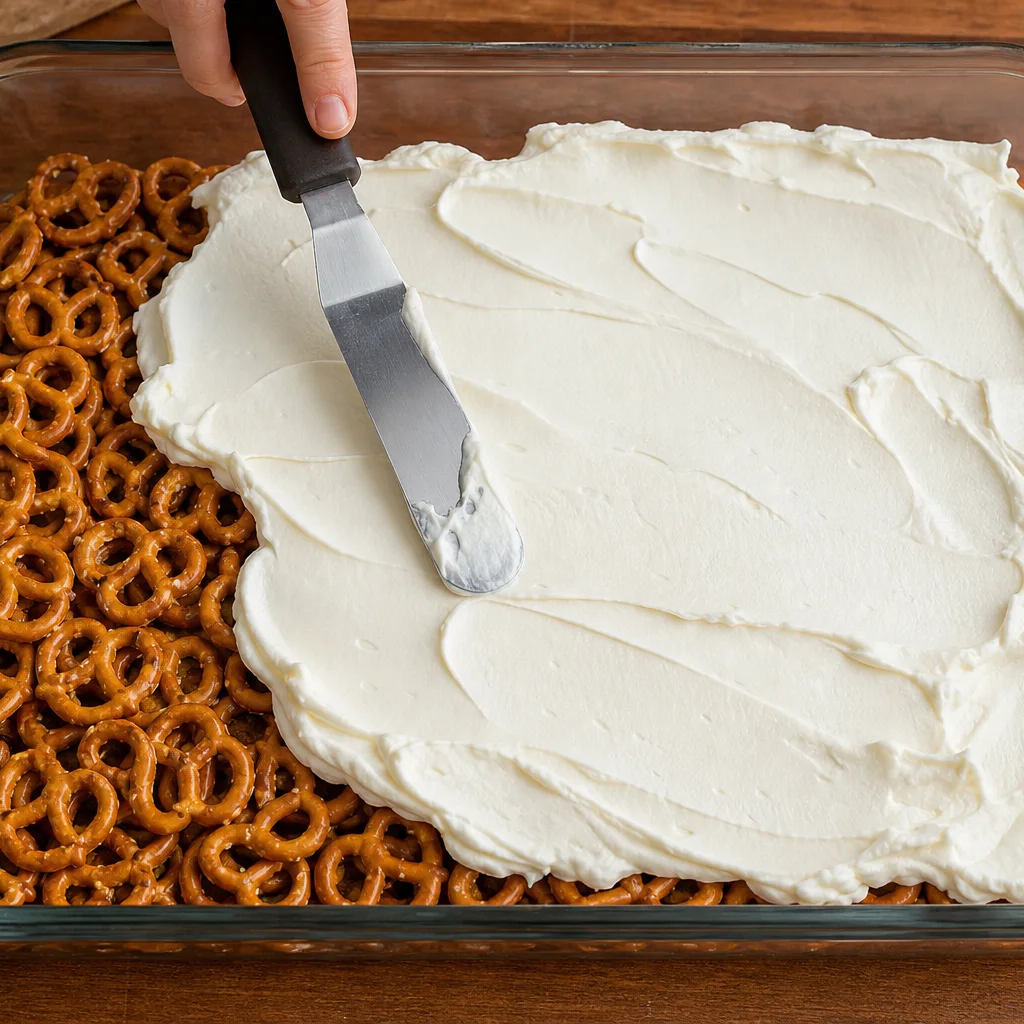 Spreading cream cheese and sugar filling over pretzel crust in a glass baking dish