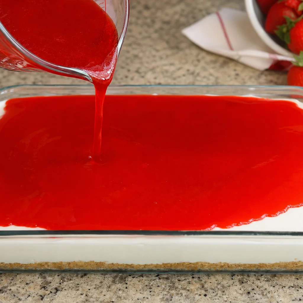 Pouring strawberry jello over cream cheese layer for pretzel jello salad