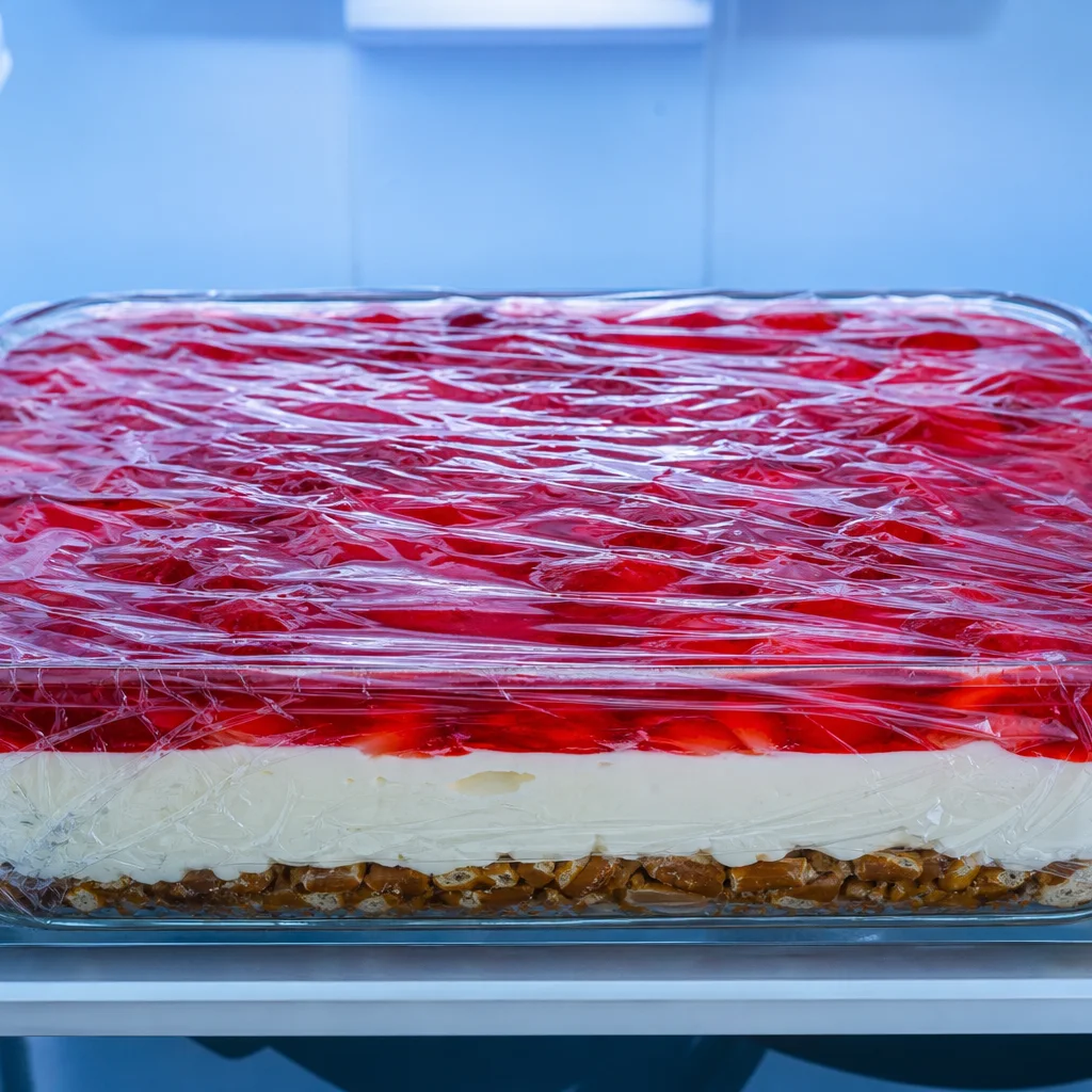 Pretzel jello salad covered and chilling in the refrigerator until the jello layer is firm