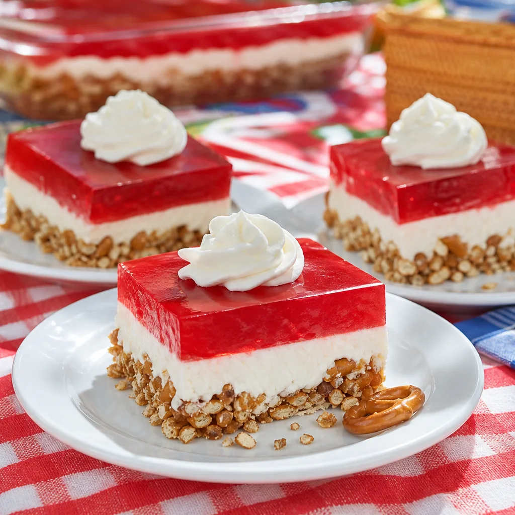 Scooped squares of pretzel jello salad on dessert plates at a summer picnic table