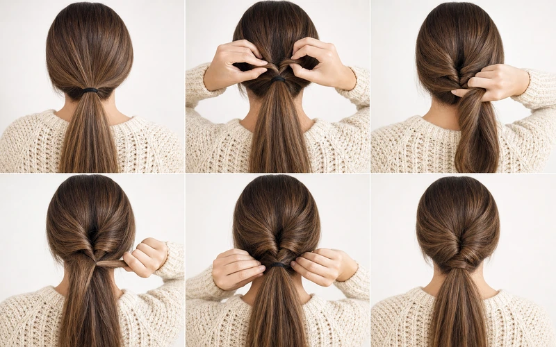 Six step pull through ponytail tutorial collage from low ponytail to finished twist