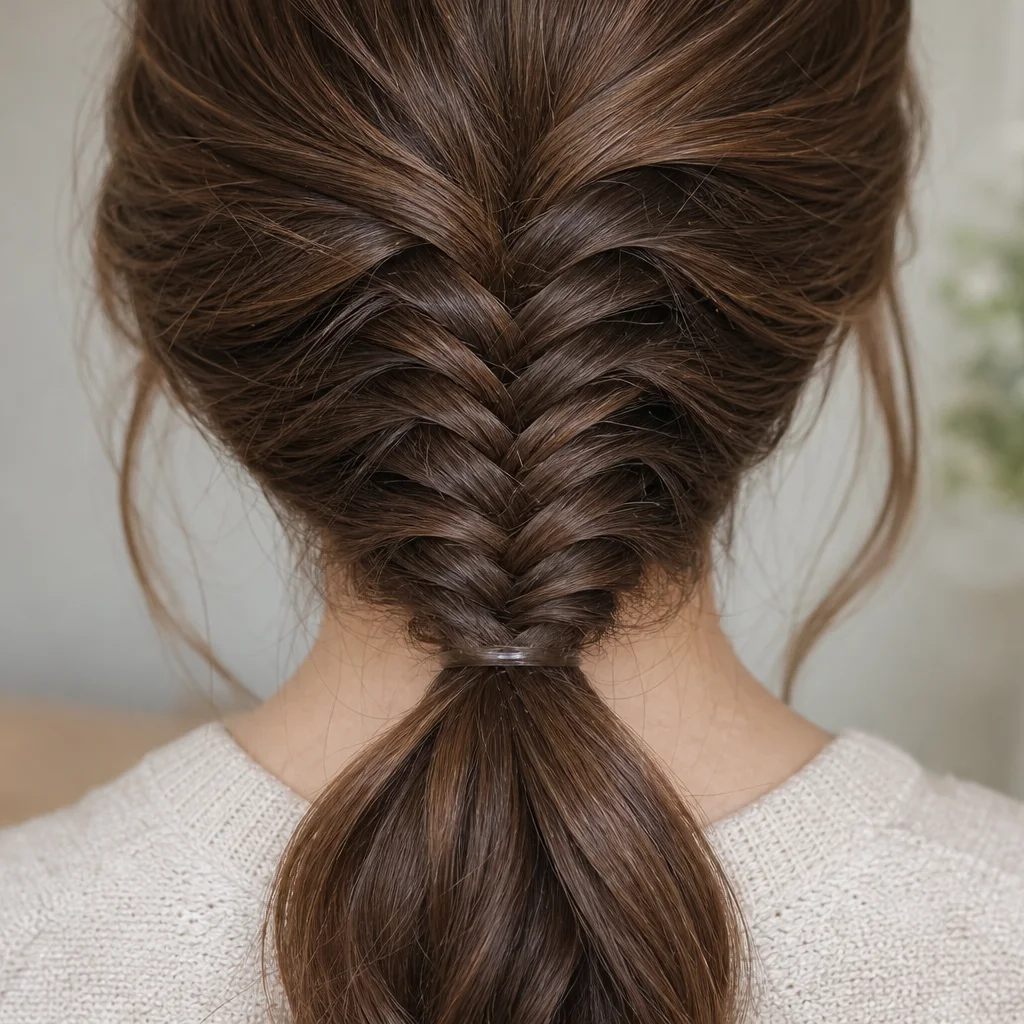 Finished pull through pony fishtail braid close up back view