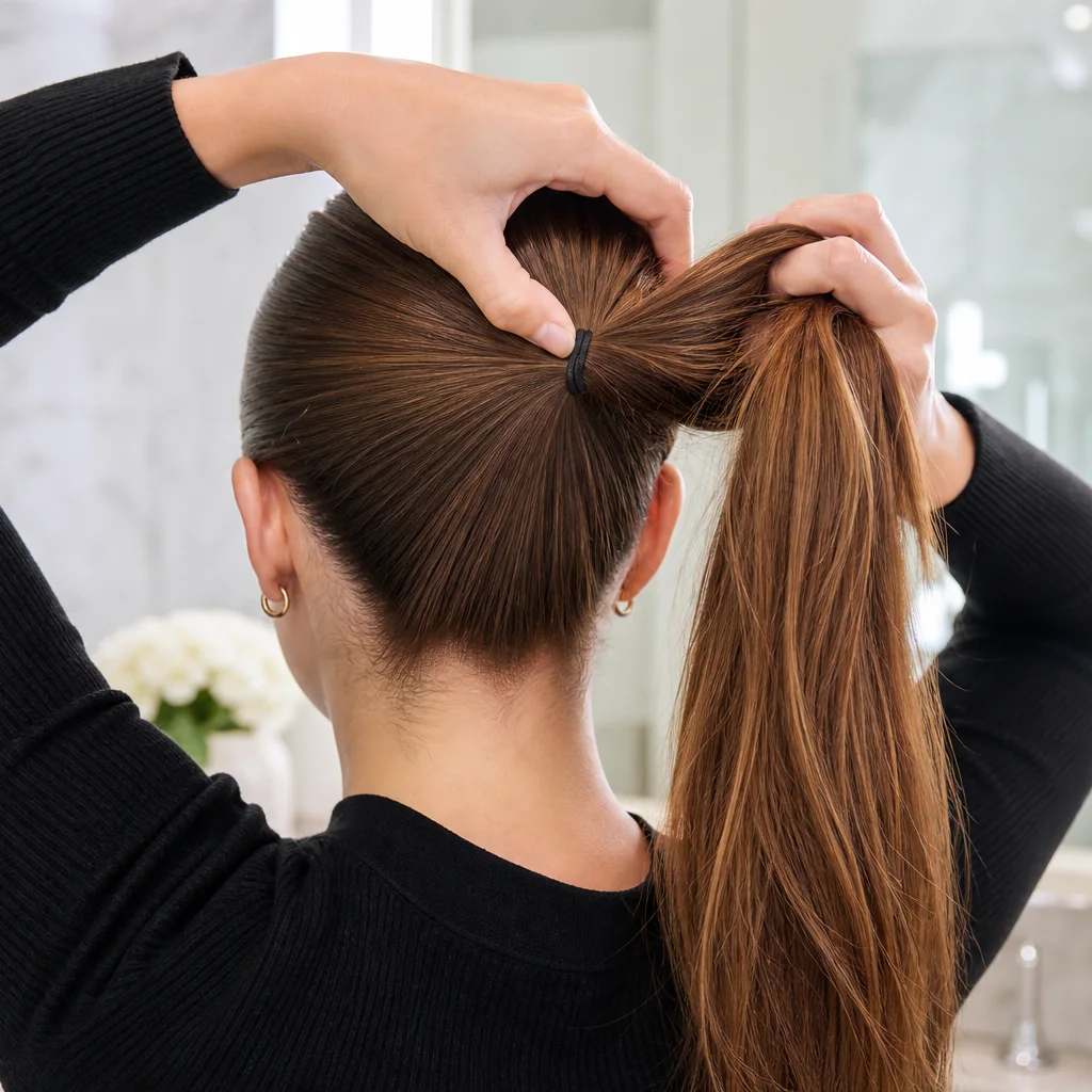 Step one high ponytail for pull through fishtail braid tutorial