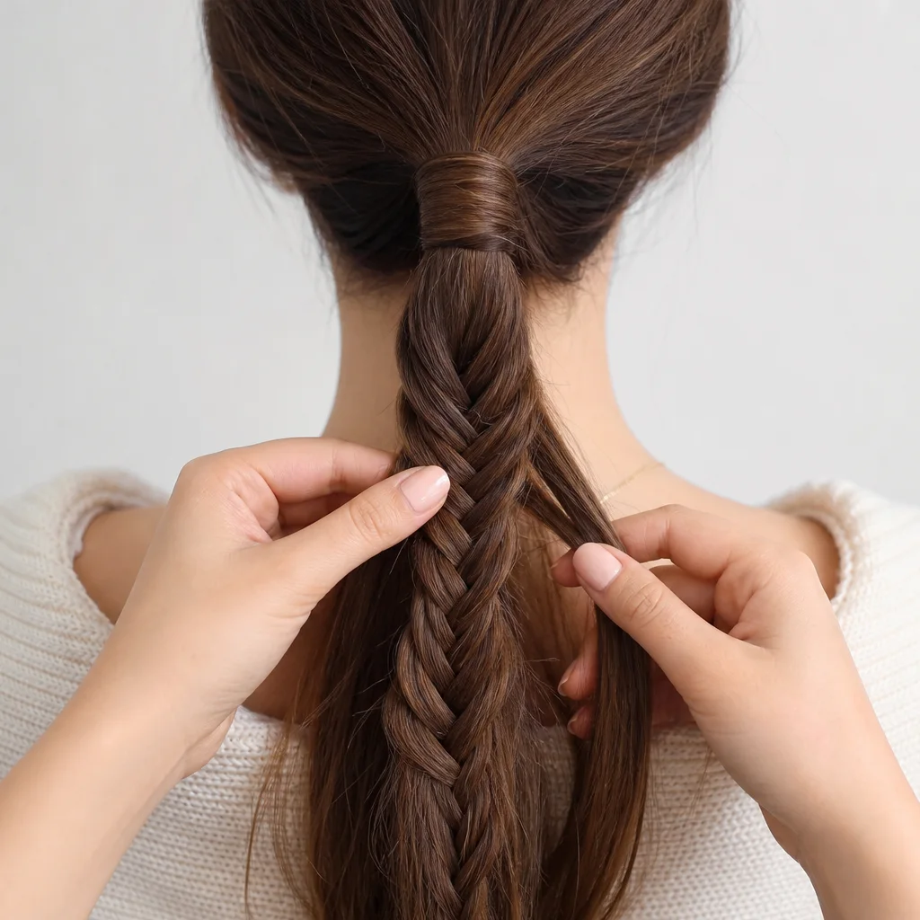 Braiding fishtail section of pull through pony hairstyle