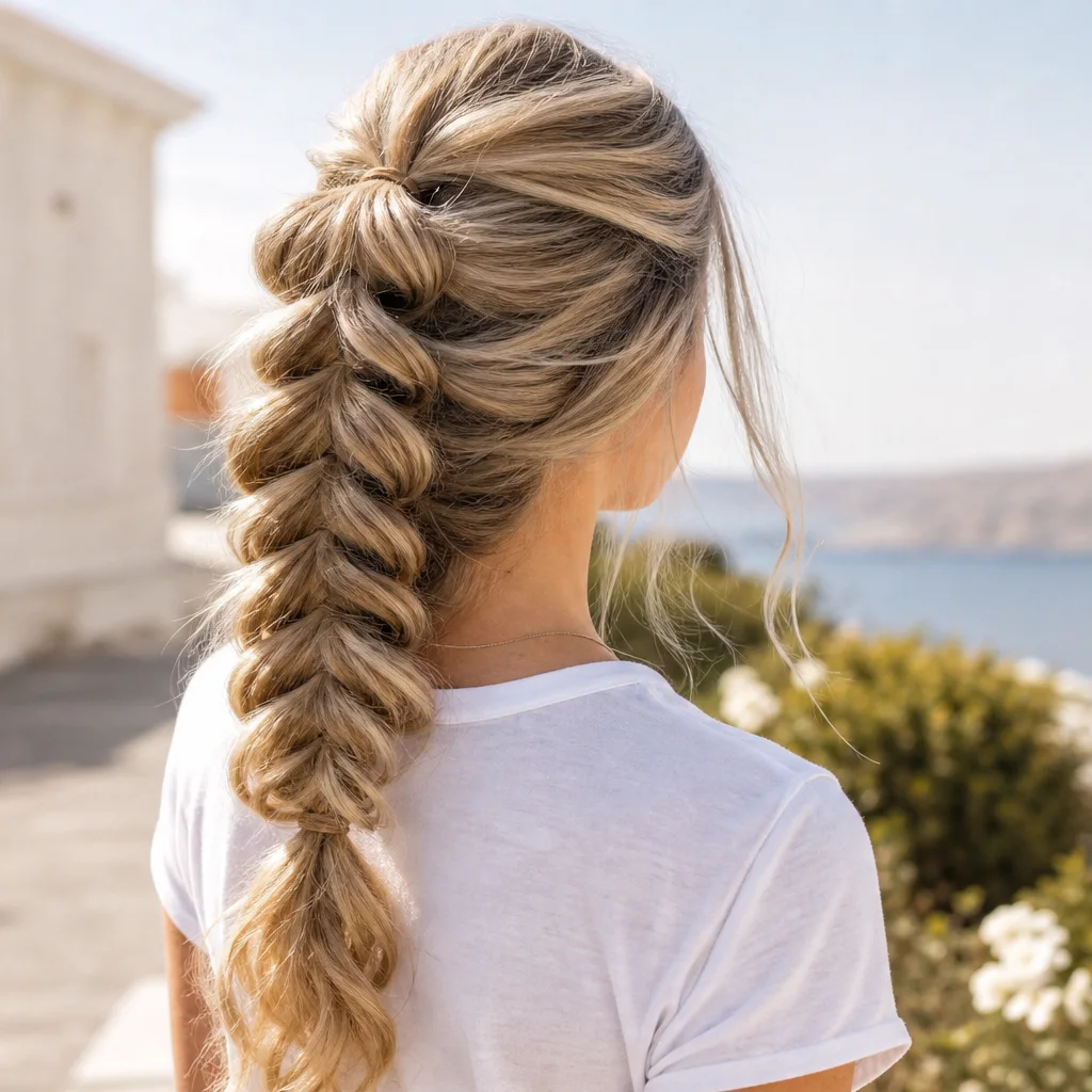 Styled pull through pony fishtail braid for everyday summer hair