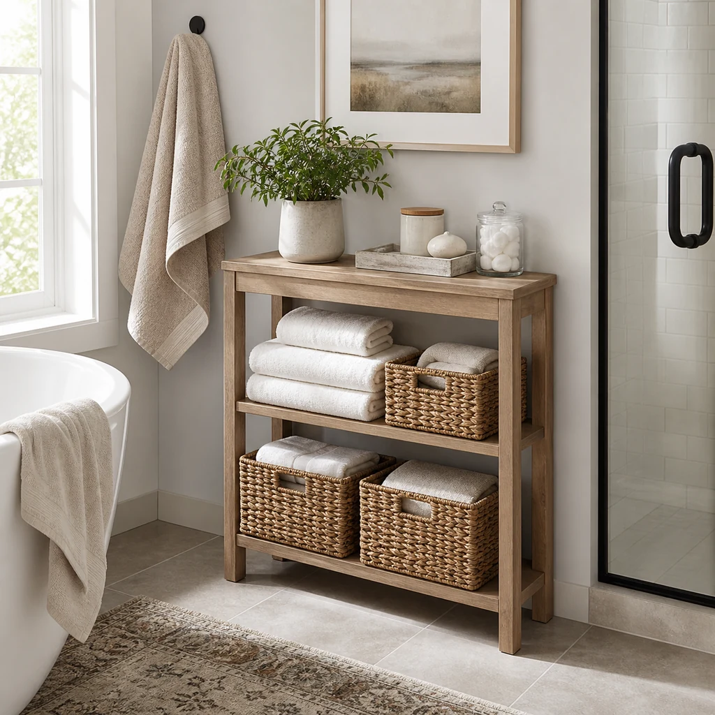 small half table bathroom storage idea with towels and decor