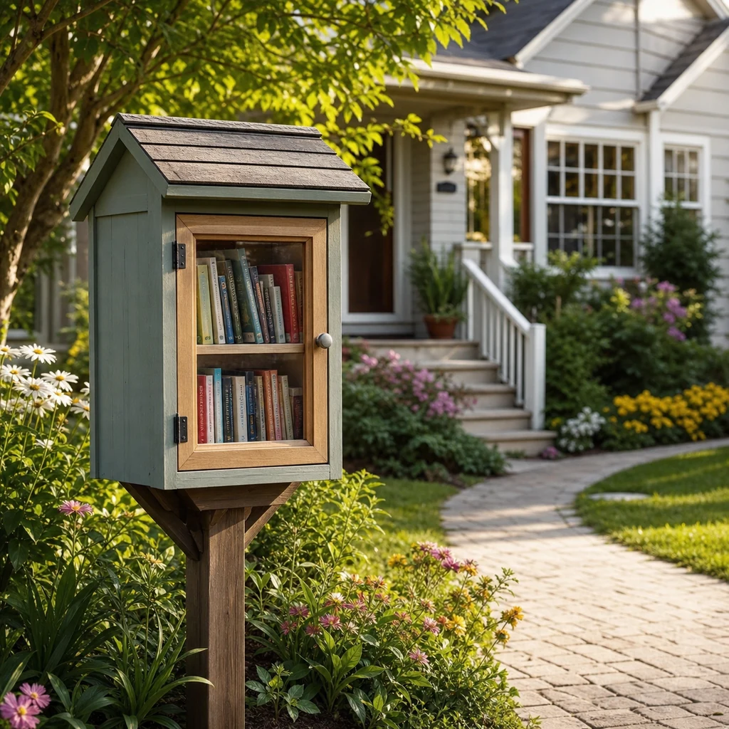 small free neighborhood library outside a welcoming home