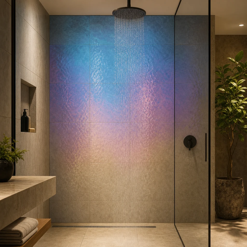modern shower with color changing heat sensitive tile