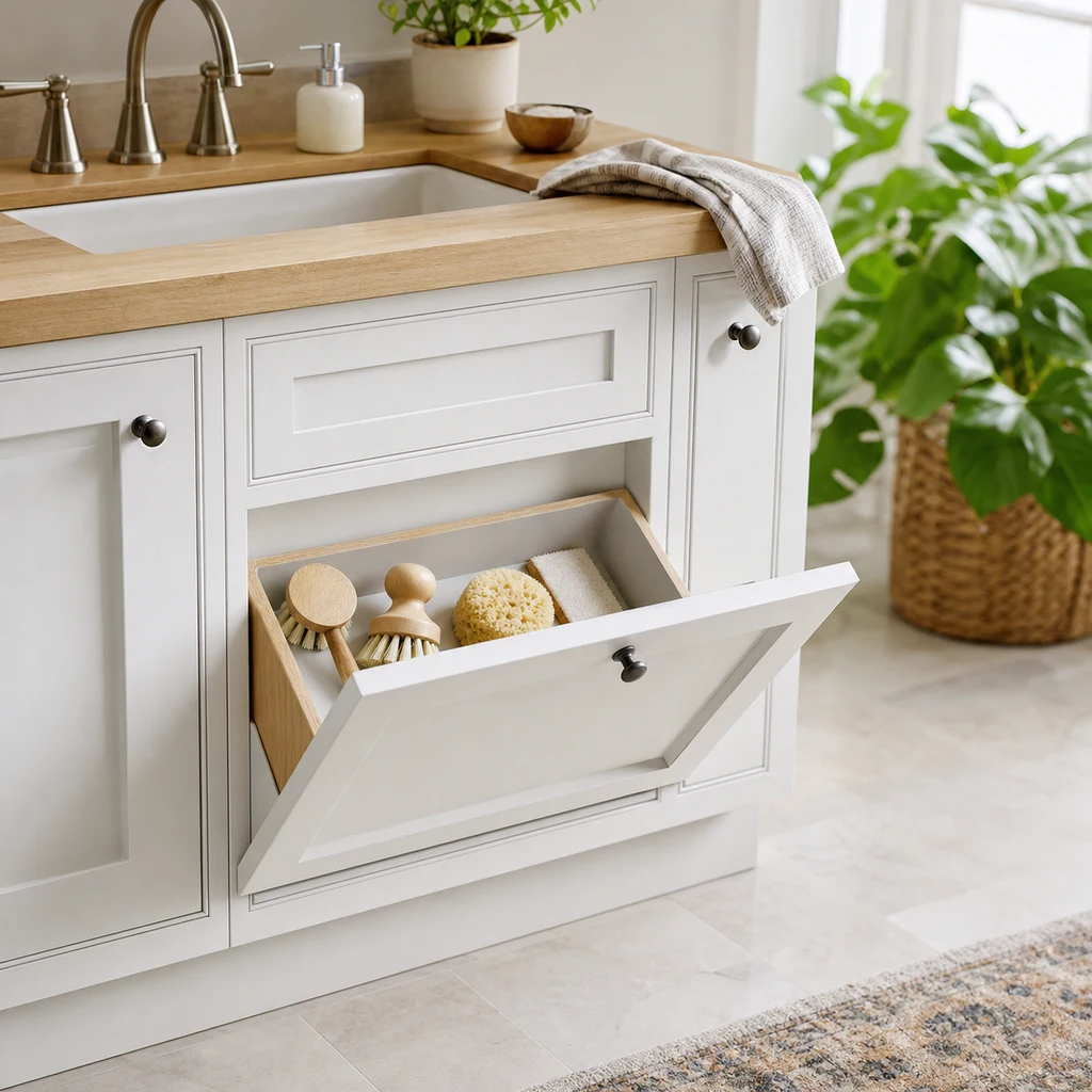 fake drawer front converted into hidden sink storage
