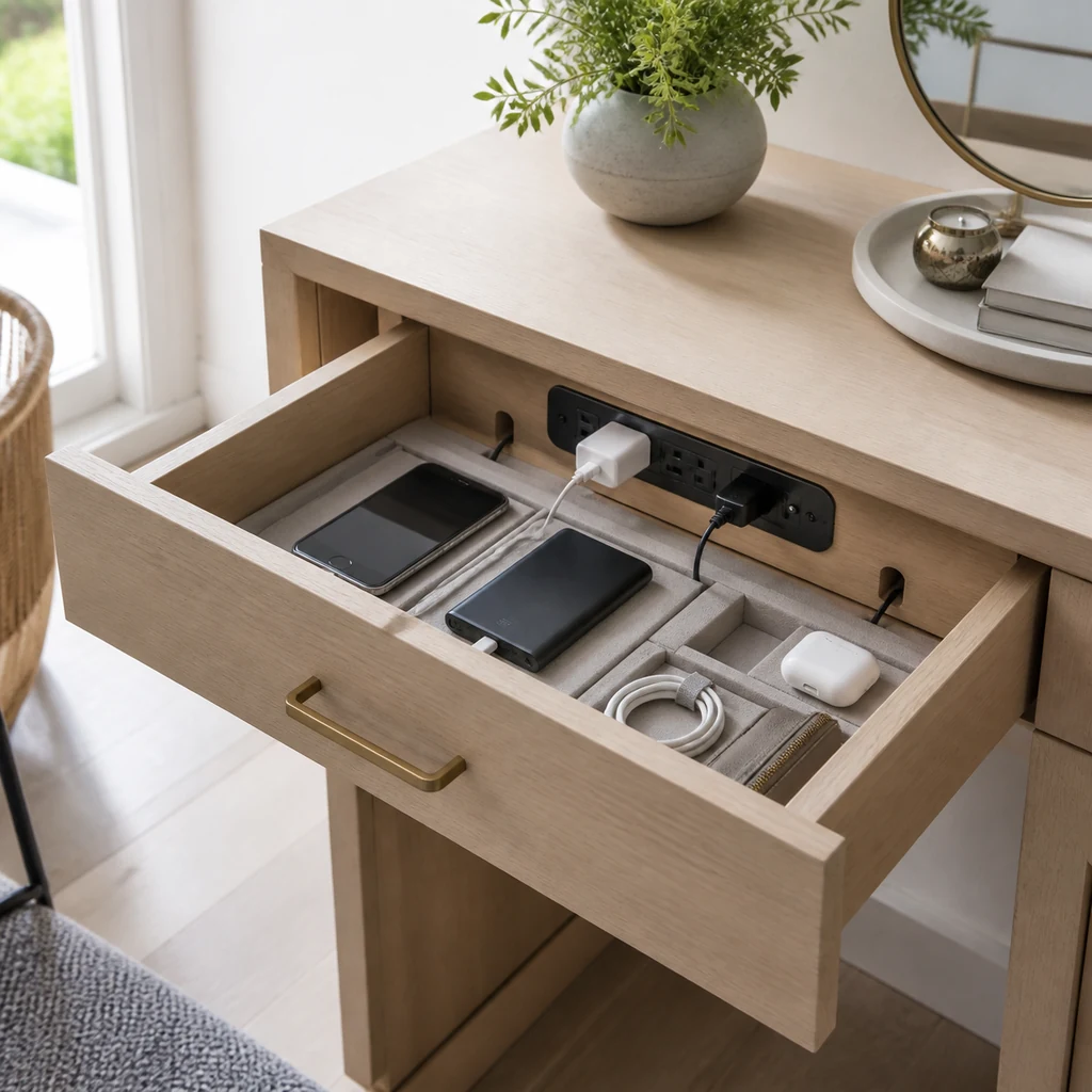 hidden outlet inside a drawer for charging small devices