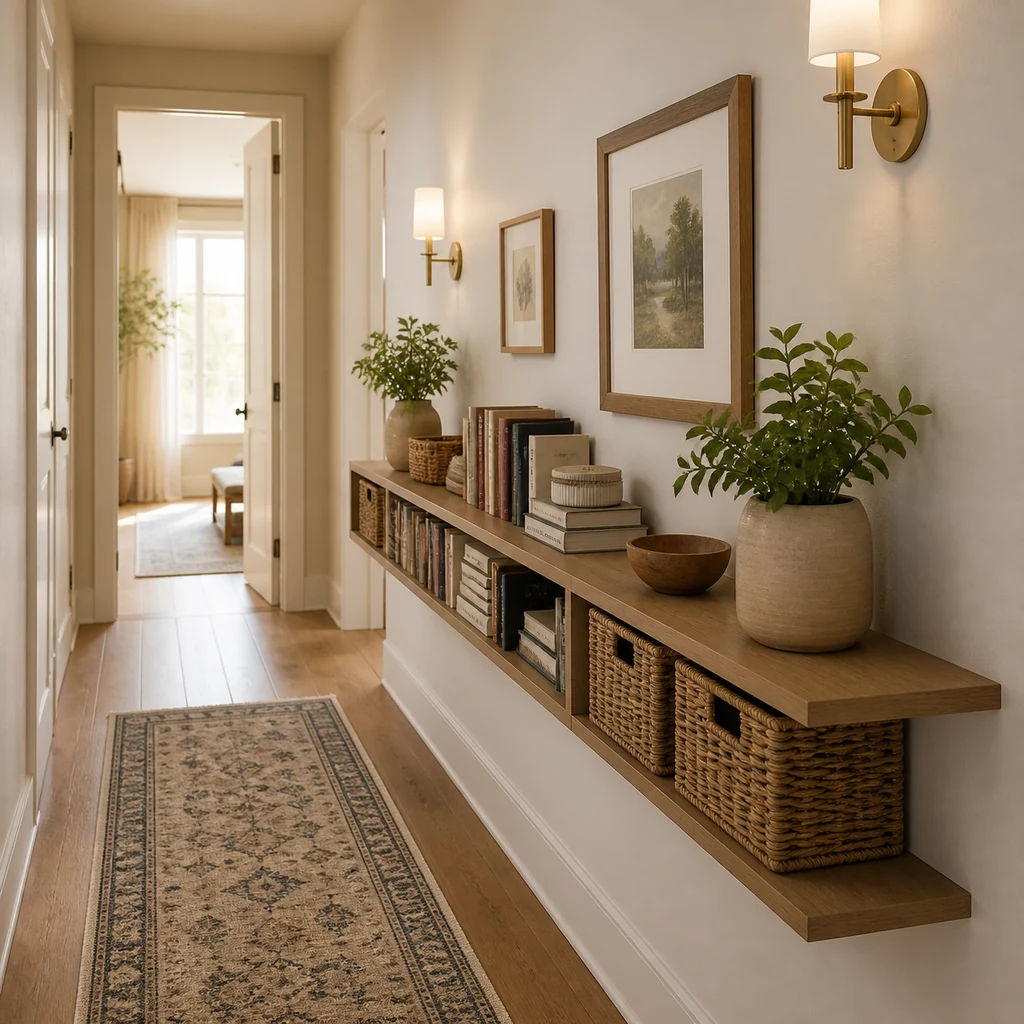 slim hallway shelf for storage and display
