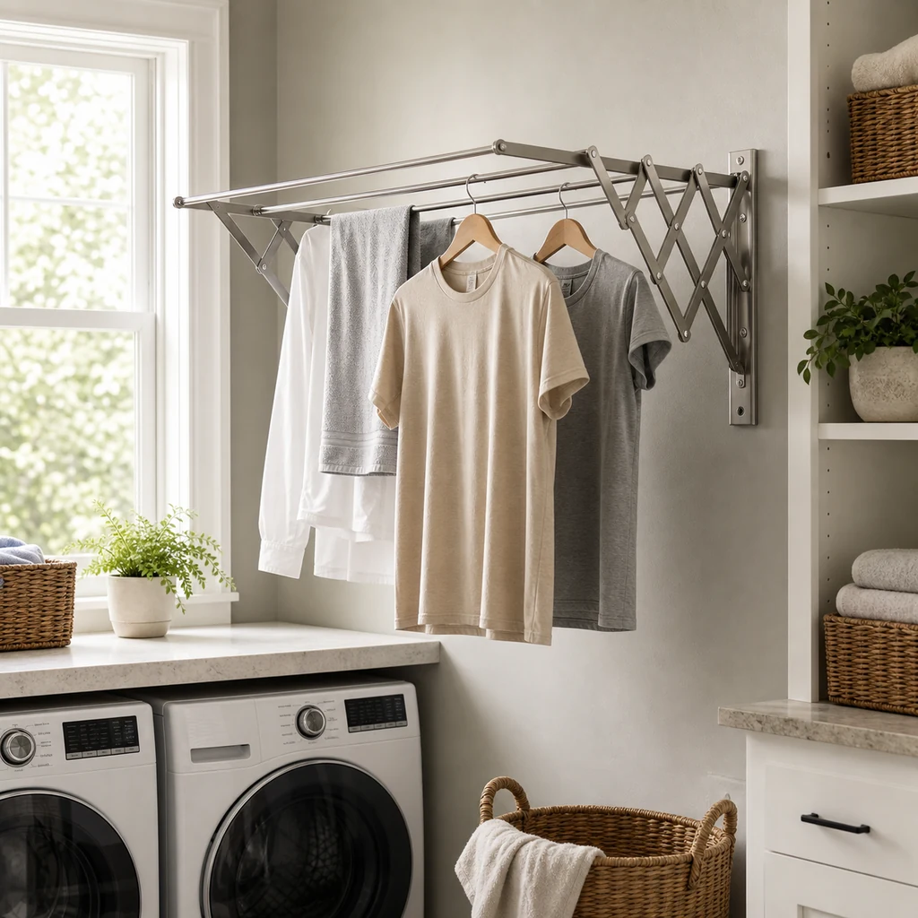 wall mounted collapsible drying rack in a small laundry room