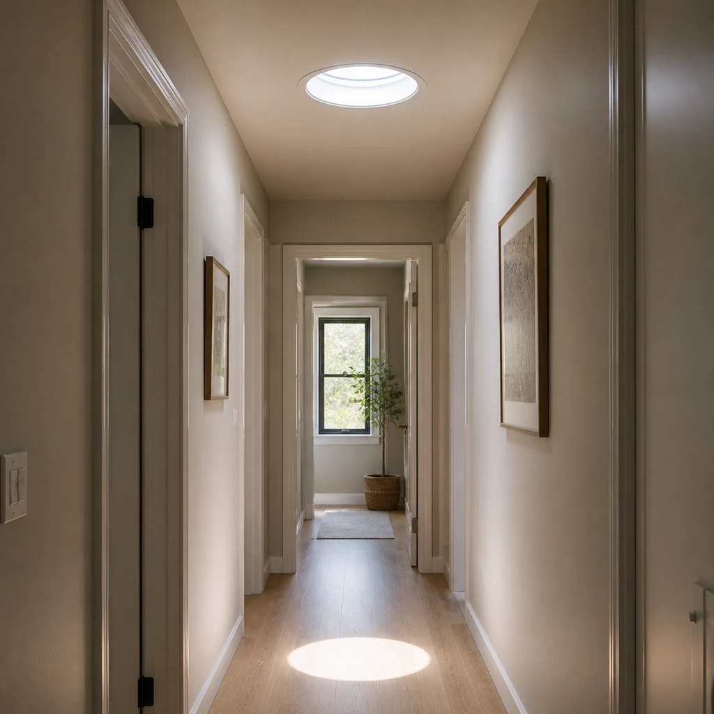 sun tunnel bringing natural light into a dark hallway
