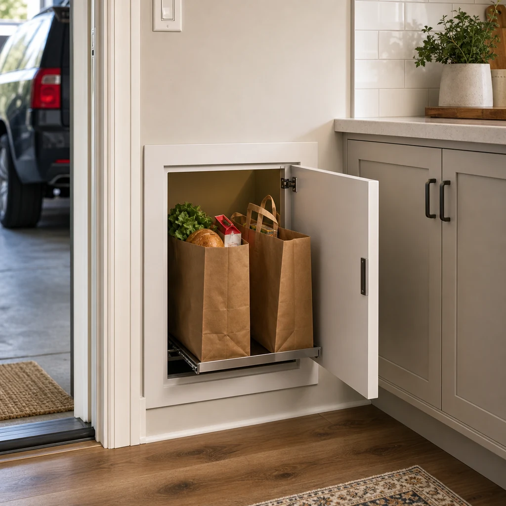 small pass through door between garage and kitchen for groceries