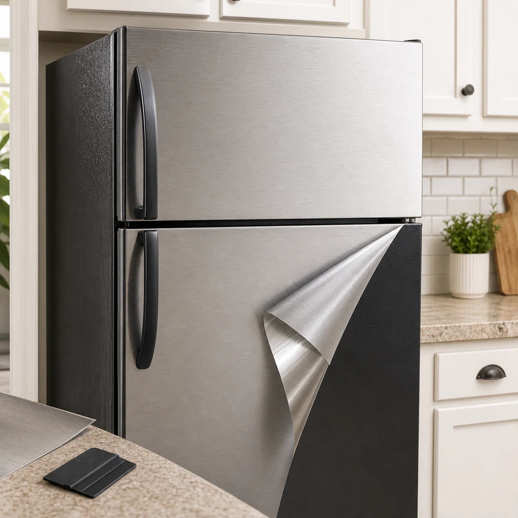 appliance updated with stainless steel contact paper