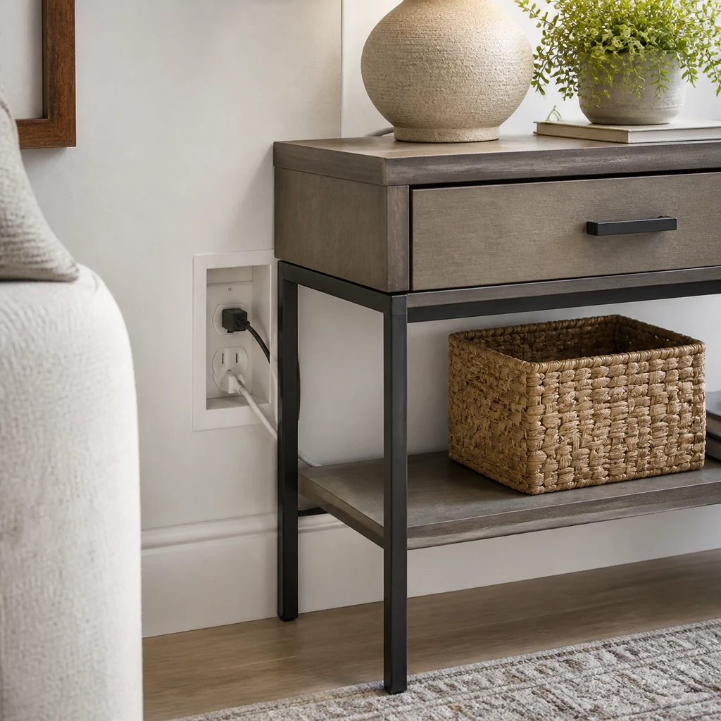 recessed wall outlet behind furniture for a cleaner layout