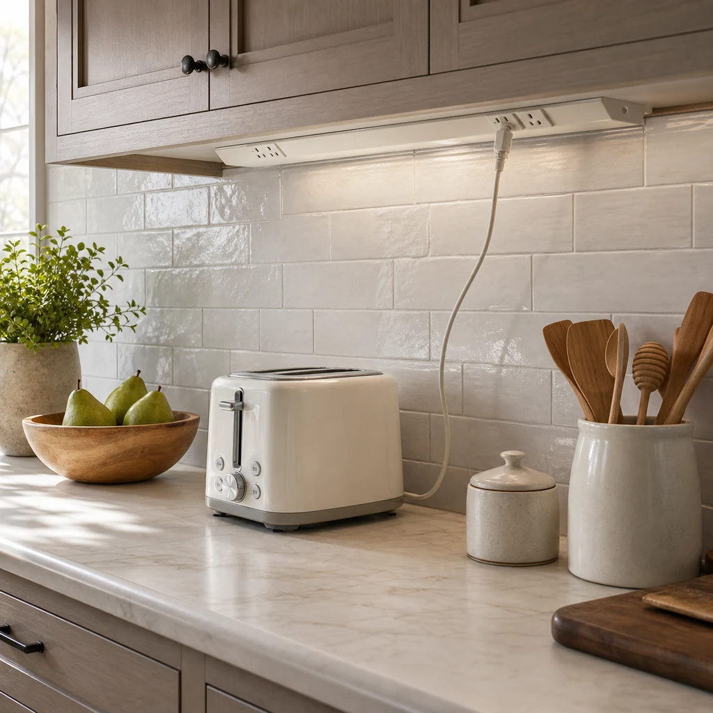 under cabinet outlets keeping kitchen backsplash clean
