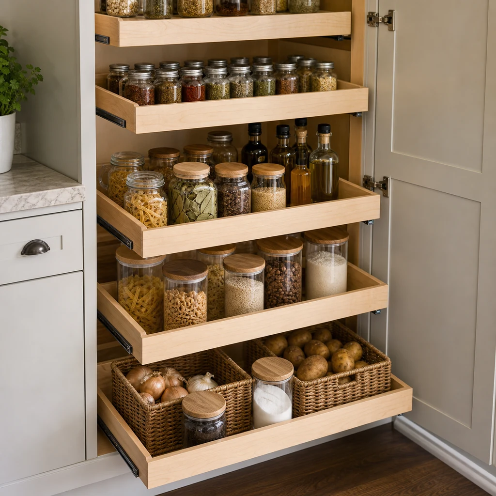 slide out pantry drawers organizing spices and pantry items