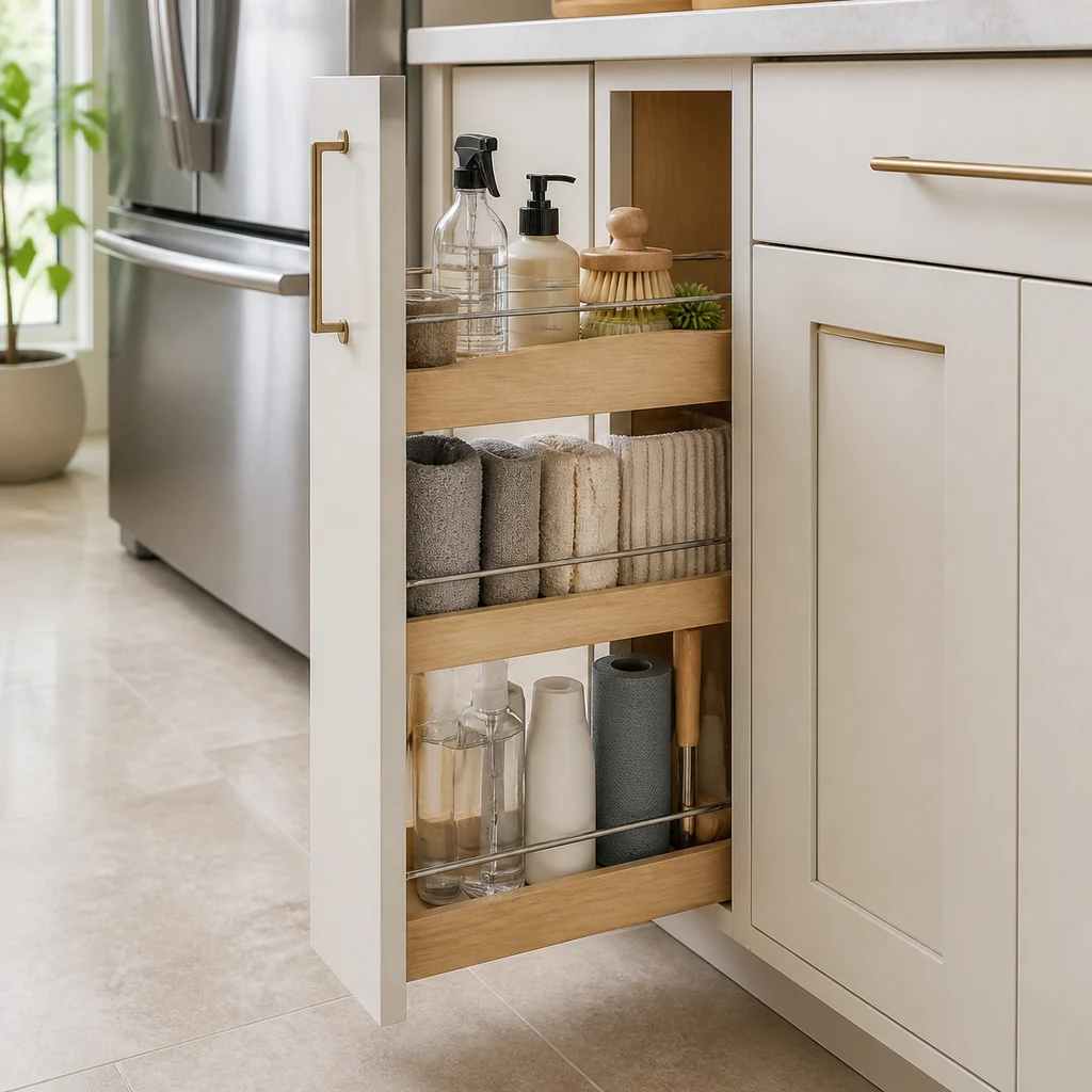 narrow kitchen cabinet for cleaning supply storage