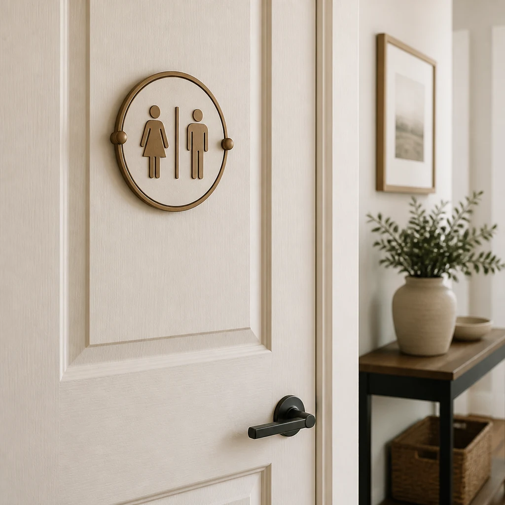 simple guest bathroom sign as practical hallway decor