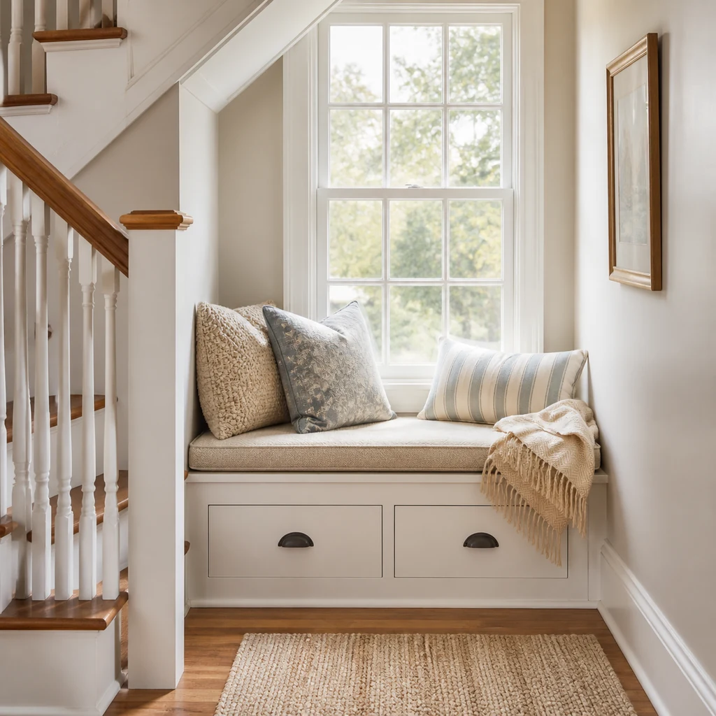 small window seat on a staircase landing