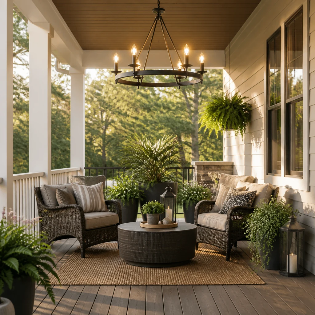 covered porch with elegant outdoor chandelier lighting