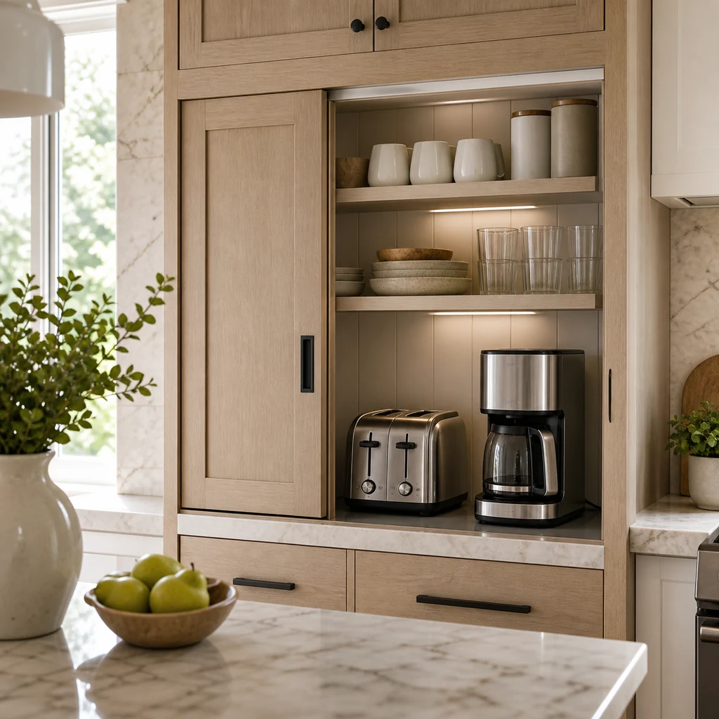 small kitchen appliances hidden behind sliding cabinet doors