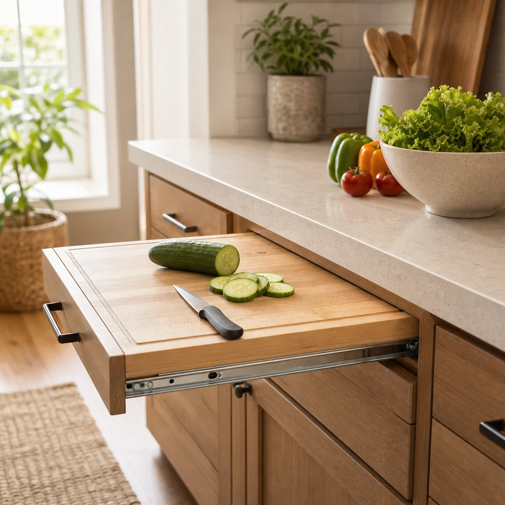 pull out cutting board drawer for extra kitchen prep space