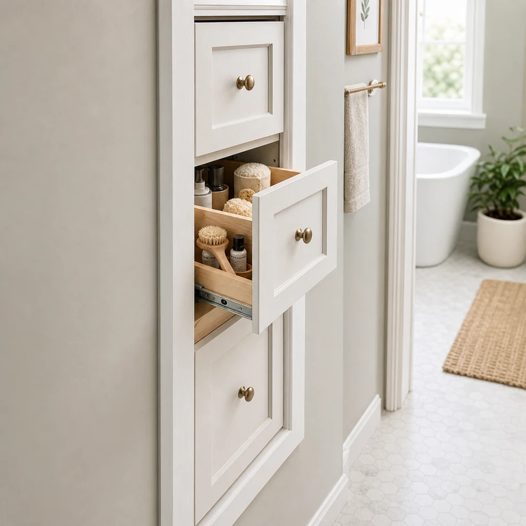 between stud drawers for hidden shallow wall storage