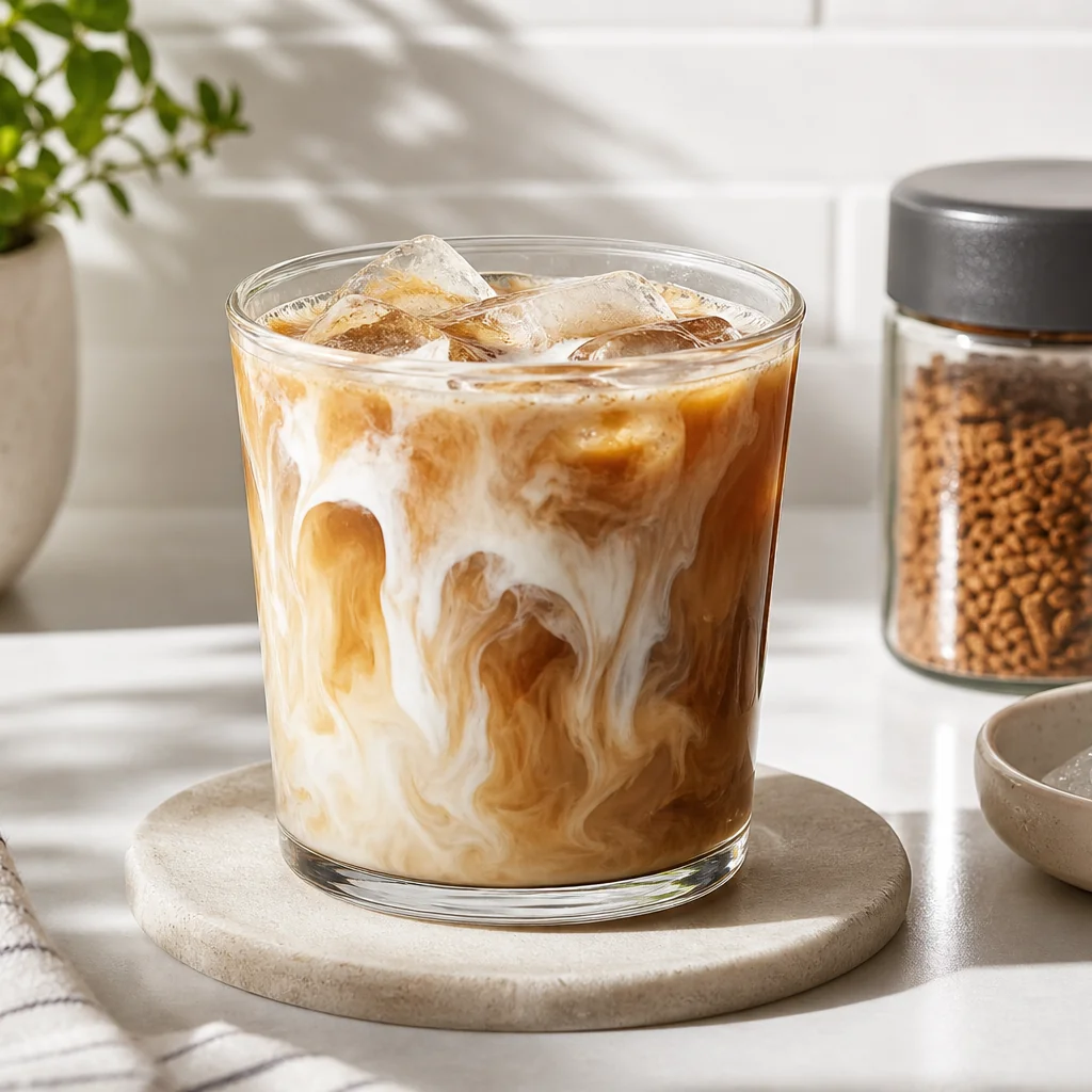 Quick homemade iced latte with creamy milk swirl and ice cubes