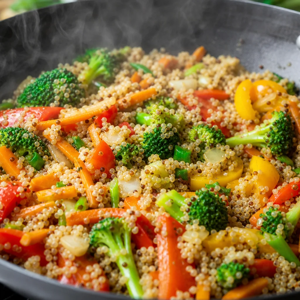 Colorful quinoa veggie stir-fry with bell peppers and broccoli