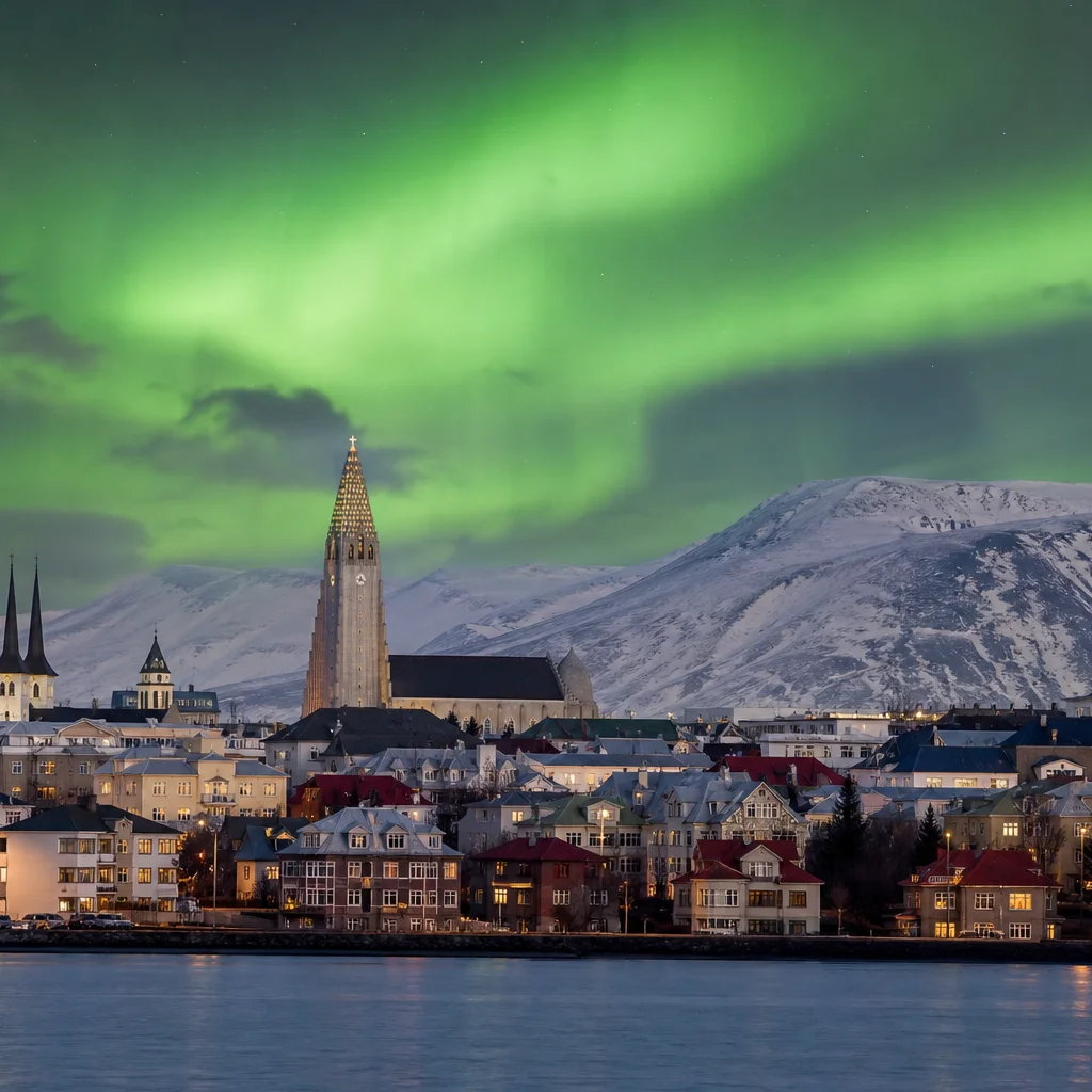 Colorful Reykjavik harbor with northern lights and Hallgrimskirkja church in Iceland