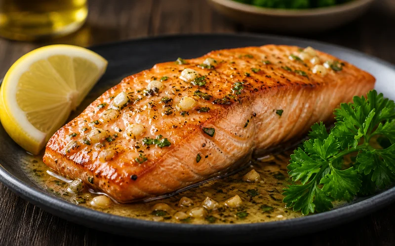 Butter garlic salmon fillet with golden garlic butter sauce and lemon garnish